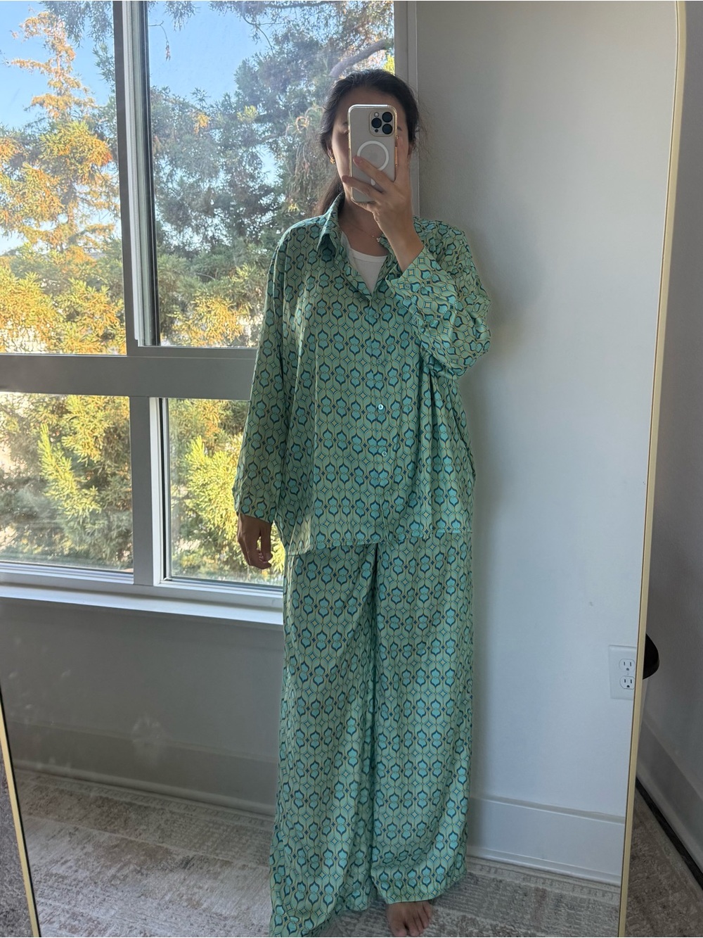 Matching set Mint Green Printed Wide-Leg Pants and Shirt